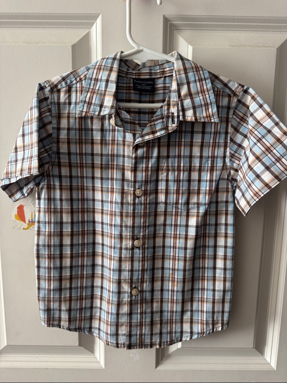 Faded Glory Boys Short Sleeve Button-Down Plaid Shirt - Light Blue & Brown